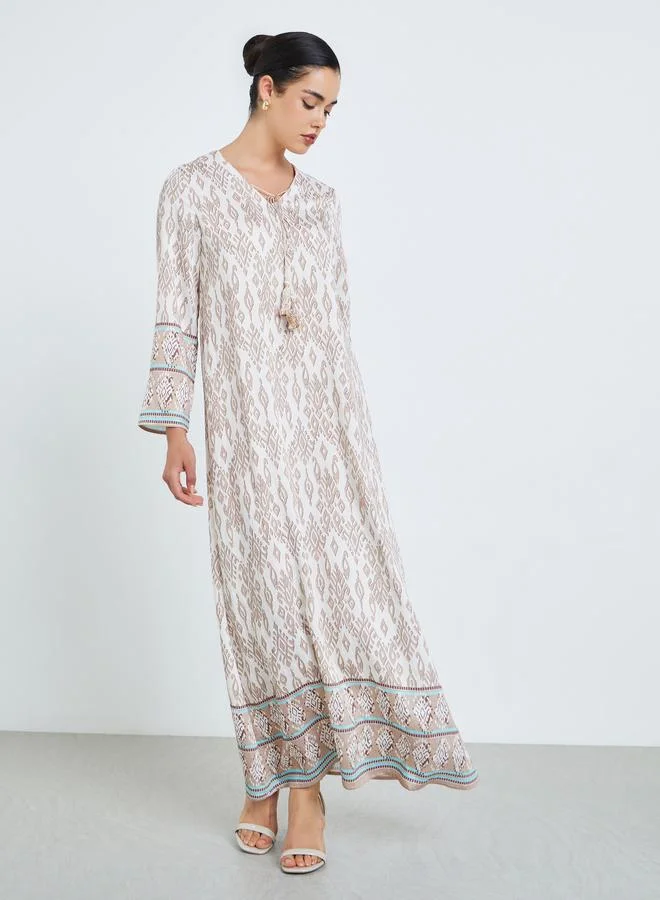 Amirah Women Beige All-Over Print A-Line Jalabiya